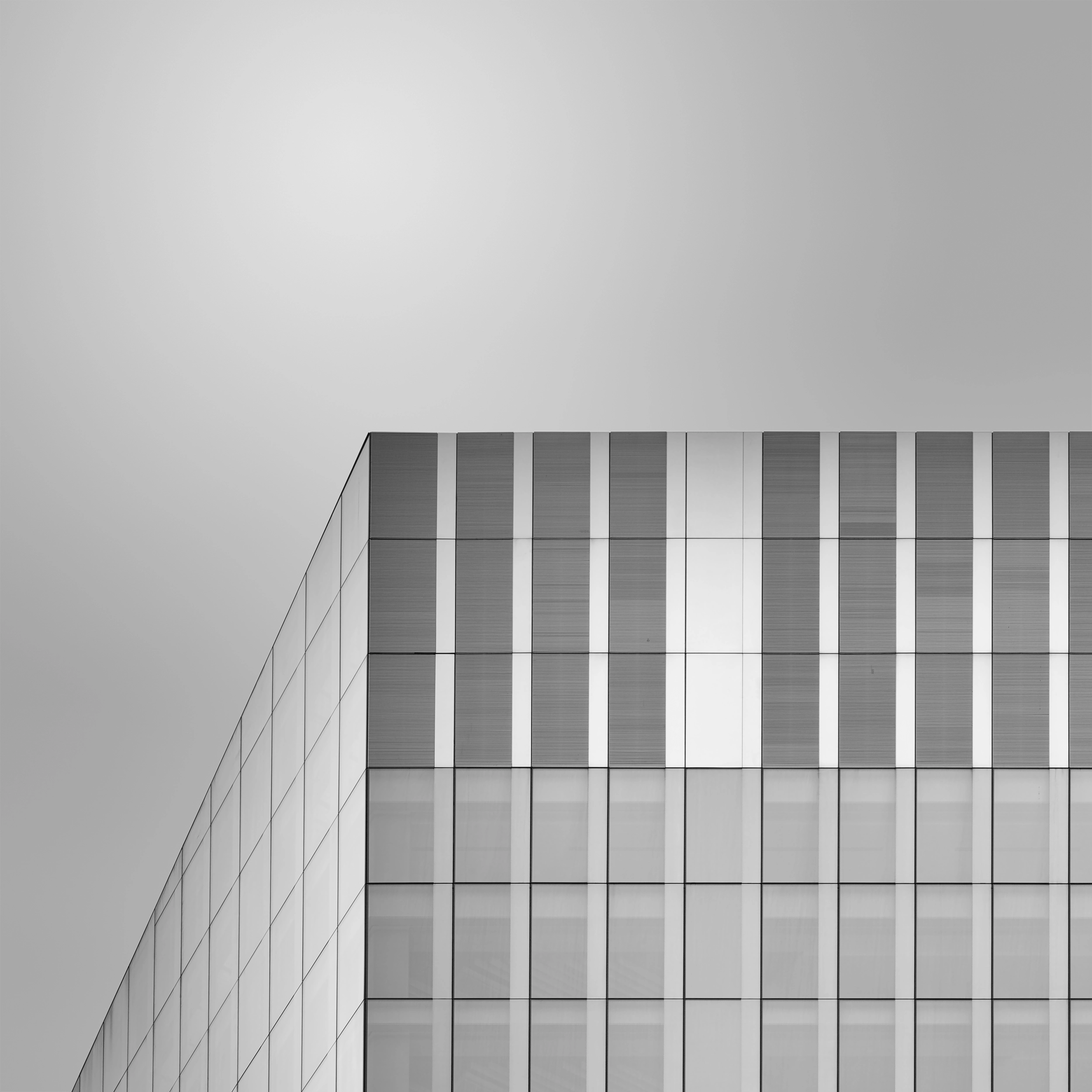 Black and white architectural photograph showing geometric glass facade with repetitive window grid pattern and curved structural elements